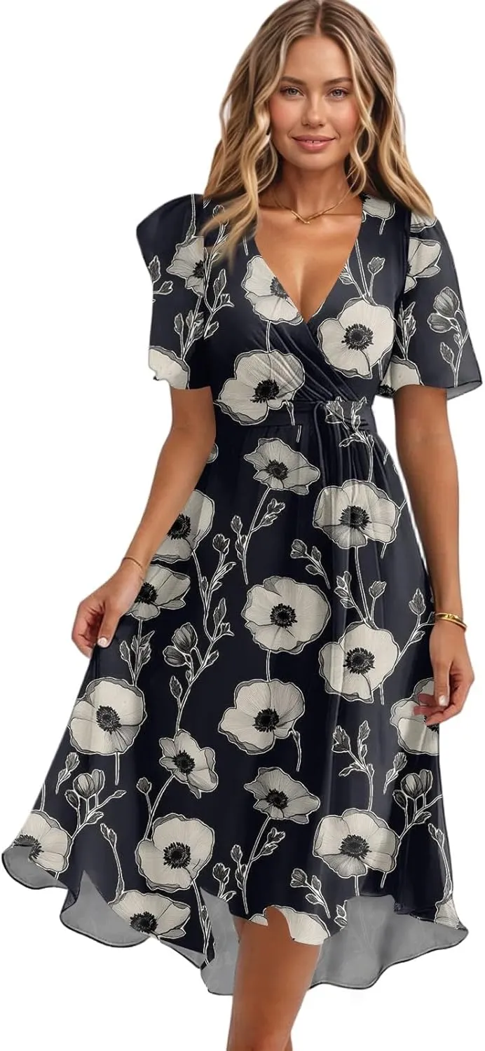 Womens Boho Floral Printed Chiffon Dresses 2025 Elegant V Neck Belted Summer Wedding Prom Cocktail Midi Dress