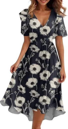 Womens Boho Floral Printed Chiffon Dresses 2025 Elegant V Neck Belted Summer Wedding Prom Cocktail Midi Dress