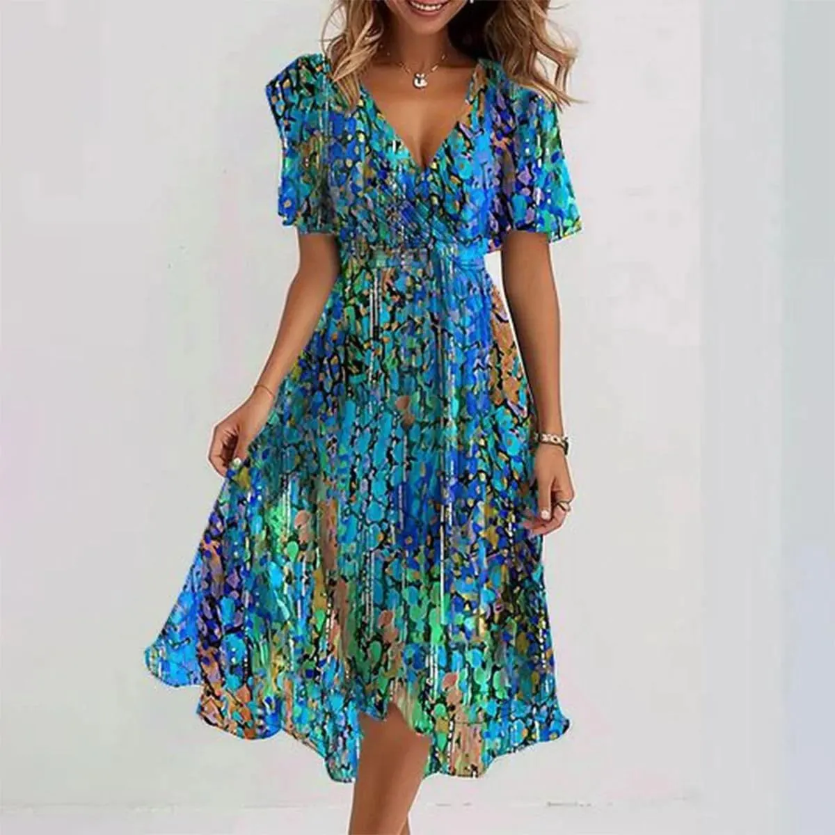 Womens Boho Floral Printed Chiffon Dresses 2025 Elegant V Neck Belted Summer Wedding Prom Cocktail Midi Dress