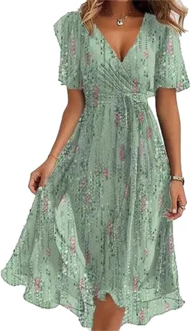 Womens Boho Floral Printed Chiffon Dresses 2025 Elegant V Neck Belted Summer Wedding Prom Cocktail Midi Dress