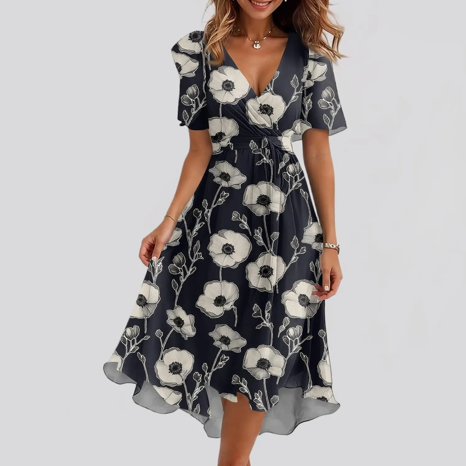 Womens Boho Floral Printed Chiffon Dresses 2025 Elegant V Neck Belted Summer Wedding Prom Cocktail Midi Dress