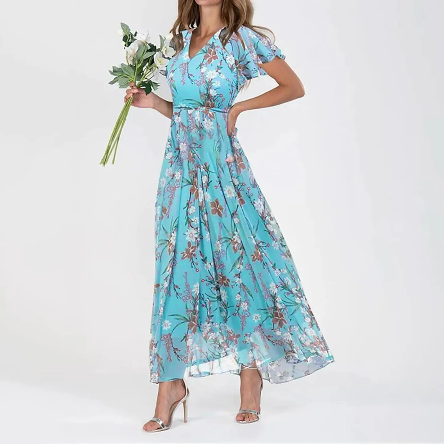 Womens Floral Maxi Dress Summer Short Sleeve Boho Wedding Guest Dress Empire Waist Chiffon Modest Midi Dresses