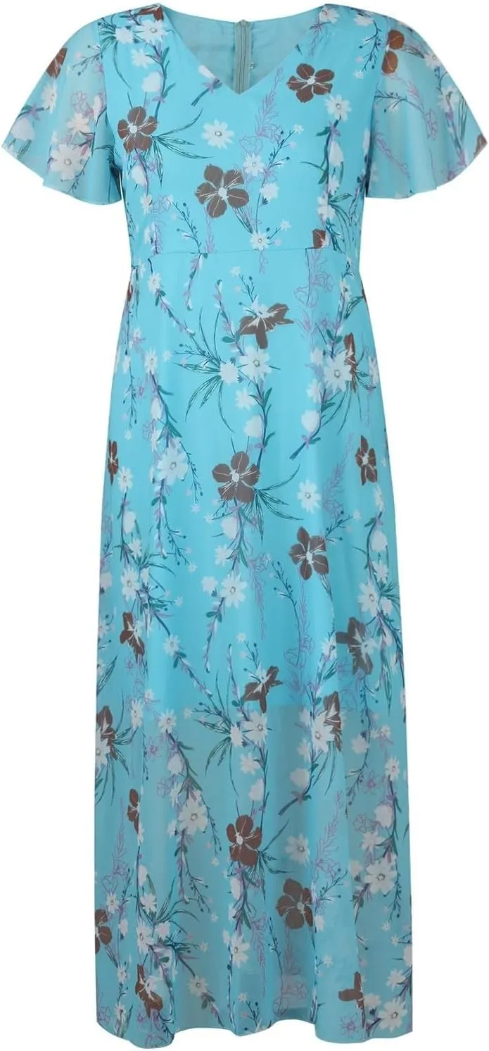 Womens Floral Maxi Dress Summer Short Sleeve Boho Wedding Guest Dress Empire Waist Chiffon Modest Midi Dresses