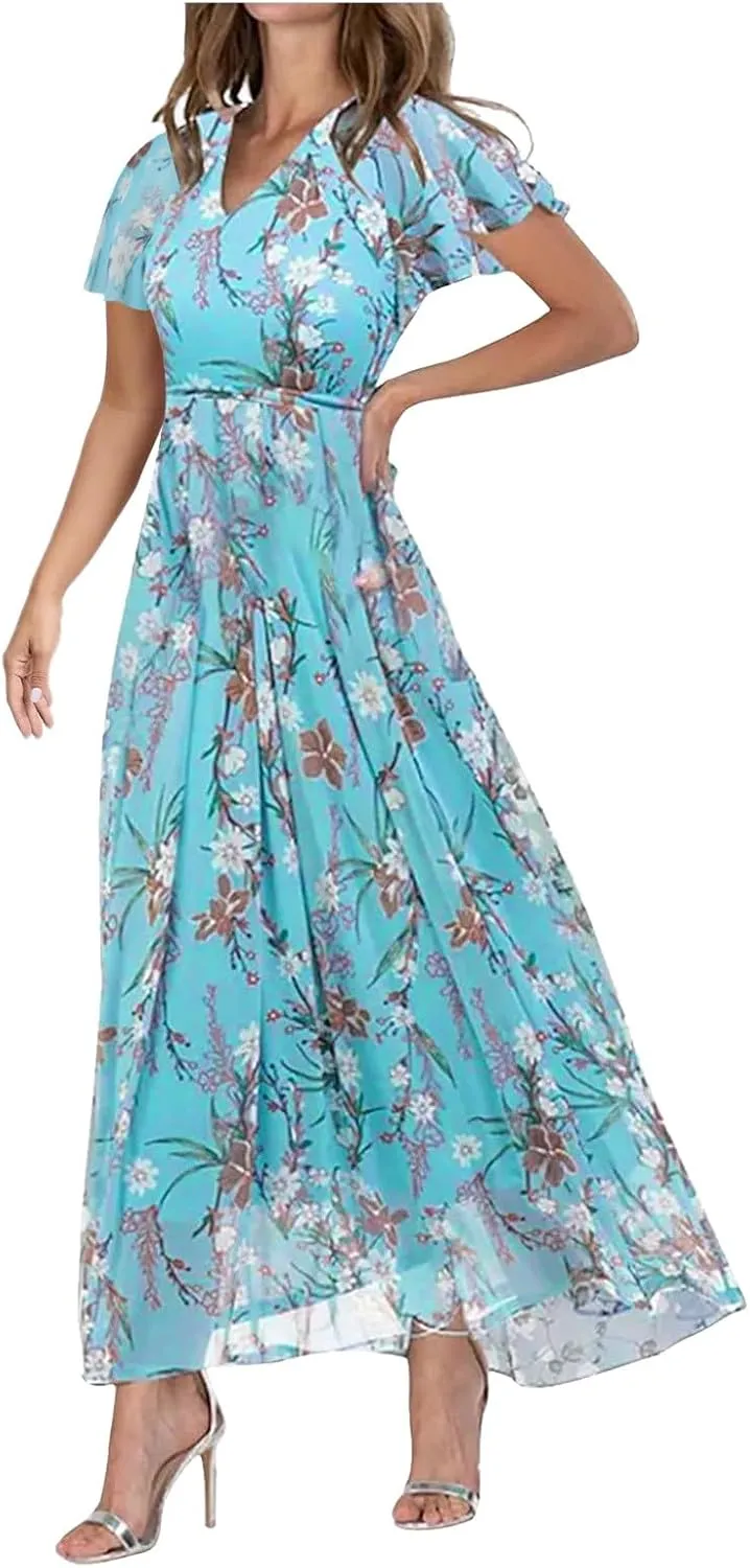 Womens Floral Maxi Dress Summer Short Sleeve Boho Wedding Guest Dress Empire Waist Chiffon Modest Midi Dresses