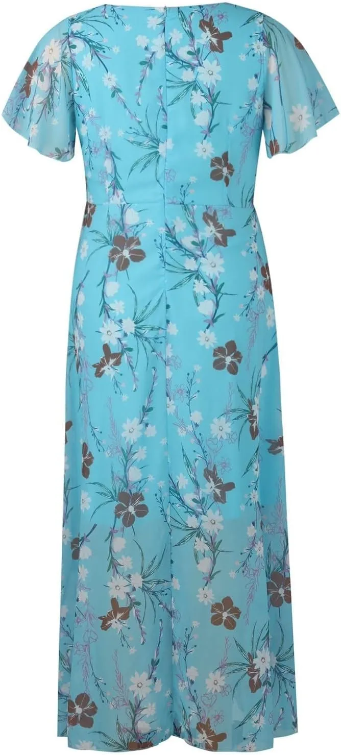 Womens Floral Maxi Dress Summer Short Sleeve Boho Wedding Guest Dress Empire Waist Chiffon Modest Midi Dresses