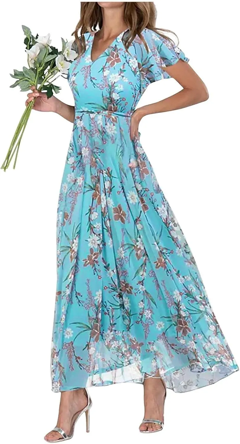 Womens Floral Maxi Dress Summer Short Sleeve Boho Wedding Guest Dress Empire Waist Chiffon Modest Midi Dresses