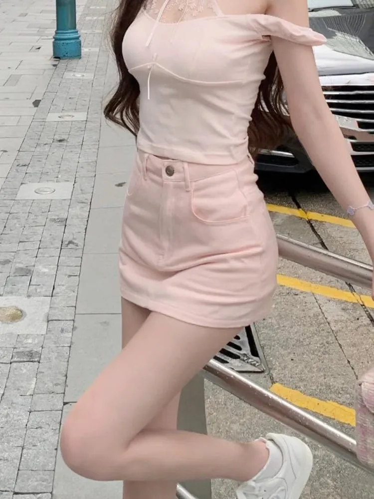 Women's Skirt Female's Red Denim Skirt with High Waist Mini Skirts