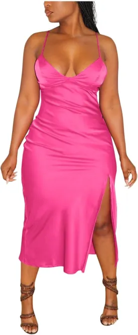 Women's Spaghetti Strap Midi Satin Silk Dresses Slip Sexy Deep V-Neck Sleeveless Party Cocktail Evening Dress