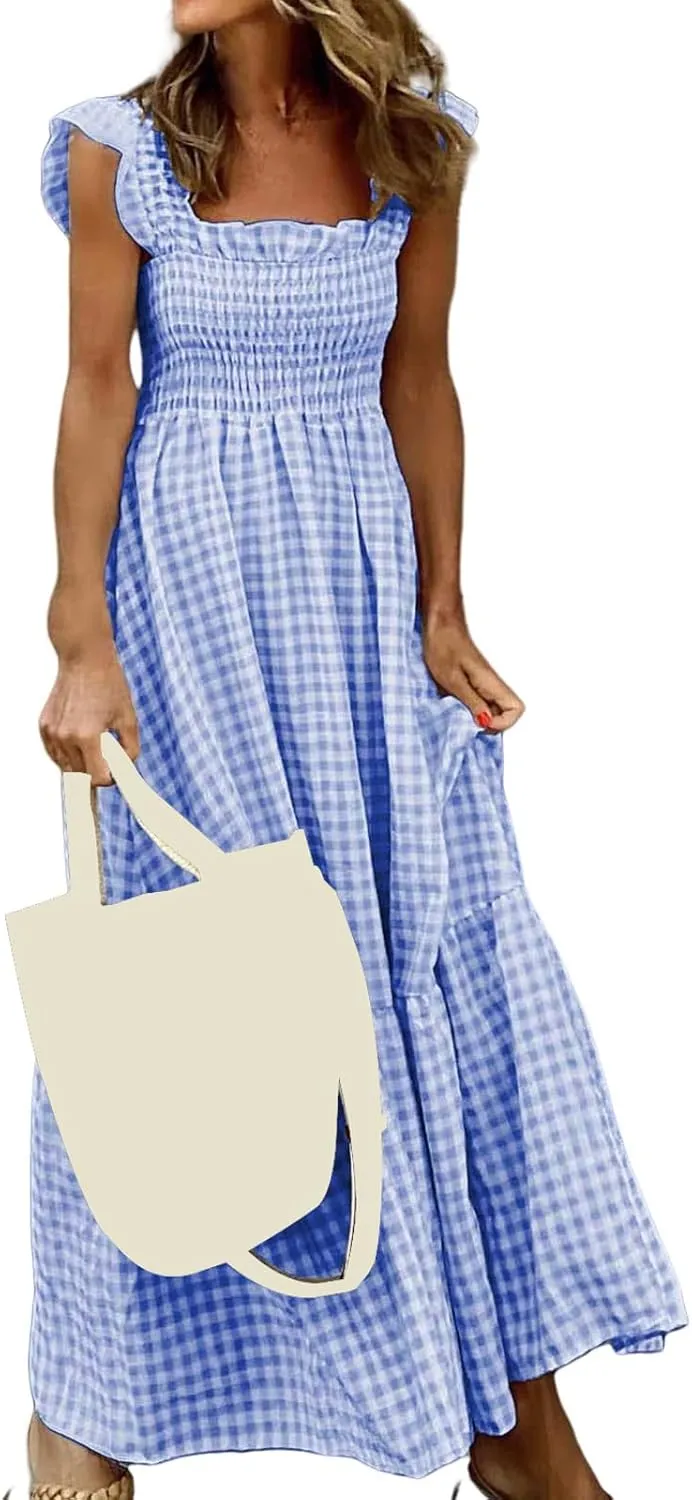 Womens Summer Dress Spaghetti Strap Maxi Dresses Casual Square Neck Gingham Smocked Flowy A Line Beach Sun Dresses