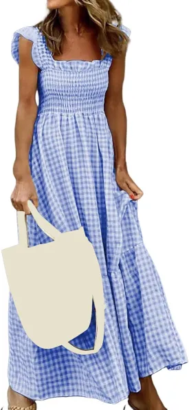 Womens Summer Dress Spaghetti Strap Maxi Dresses Casual Square Neck Gingham Smocked Flowy A Line Beach Sun Dresses