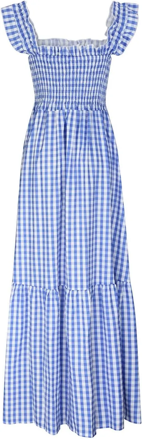 Womens Summer Dress Spaghetti Strap Maxi Dresses Casual Square Neck Gingham Smocked Flowy A Line Beach Sun Dresses