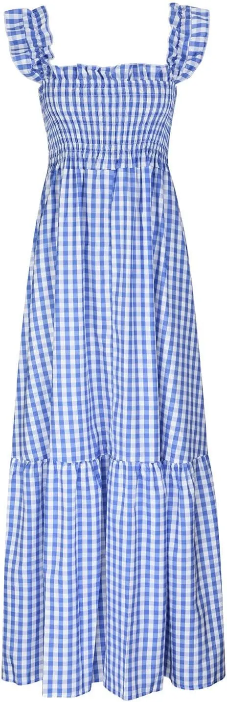 Womens Summer Dress Spaghetti Strap Maxi Dresses Casual Square Neck Gingham Smocked Flowy A Line Beach Sun Dresses