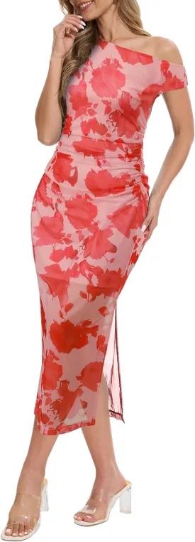 Women's Summer One Off Shoulder Long Midi Dresses Wedding Guest Floral Ruched Mesh Dress Cocktail Party 2025