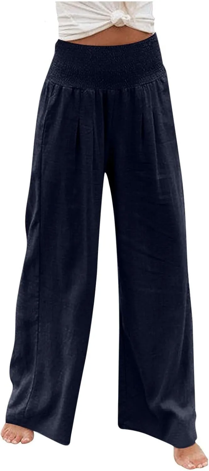 Womens Summer Pants Trendy High Waist Cotton Linen Palazzo Pants Smocked Wide Leg Boho Beach Travel Outfits
