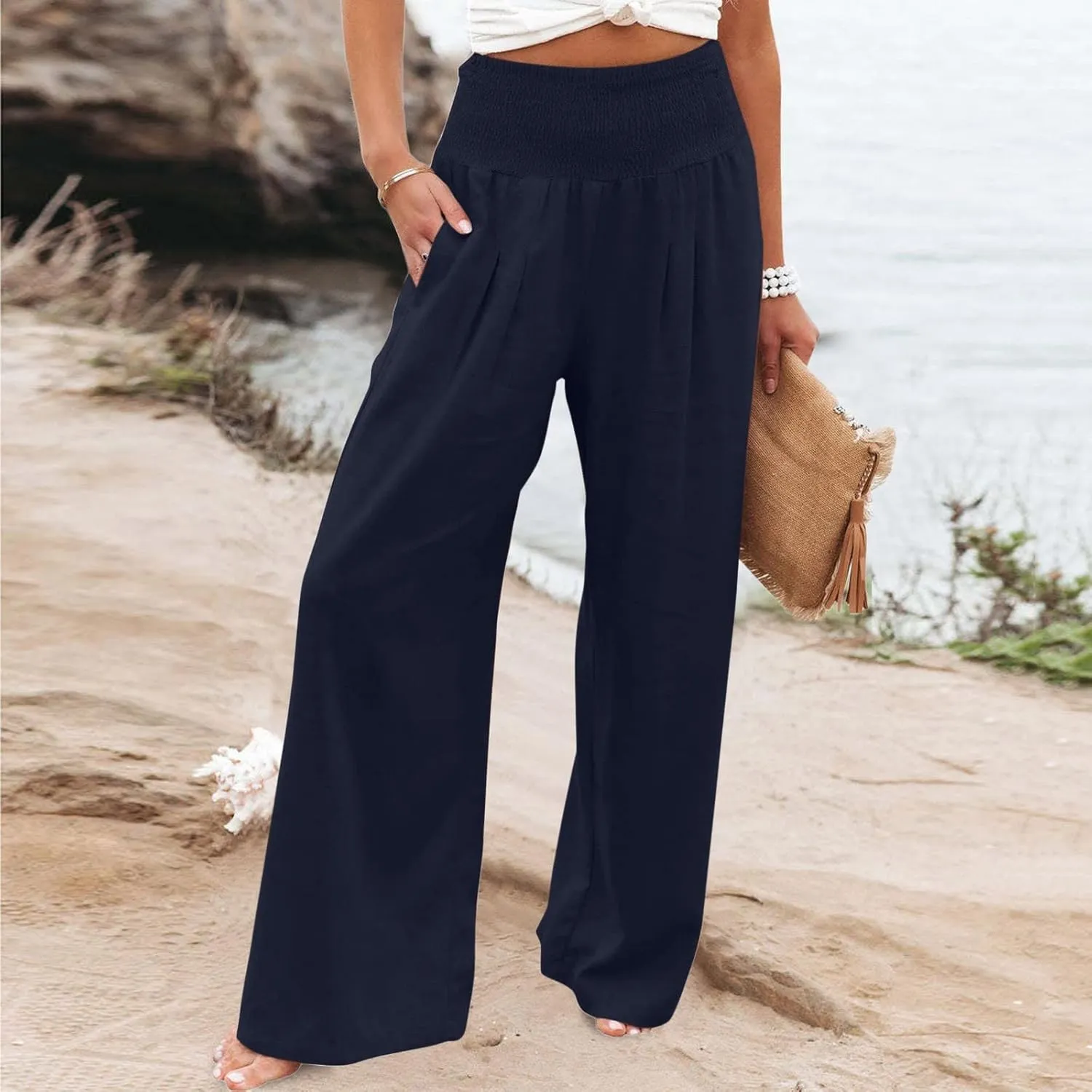 Womens Summer Pants Trendy High Waist Cotton Linen Palazzo Pants Smocked Wide Leg Boho Beach Travel Outfits