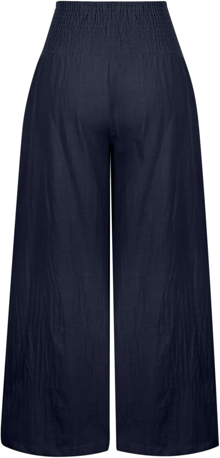 Womens Summer Pants Trendy High Waist Cotton Linen Palazzo Pants Smocked Wide Leg Boho Beach Travel Outfits