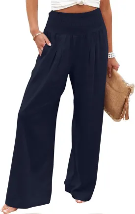 Womens Summer Pants Trendy High Waist Cotton Linen Palazzo Pants Smocked Wide Leg Boho Beach Travel Outfits