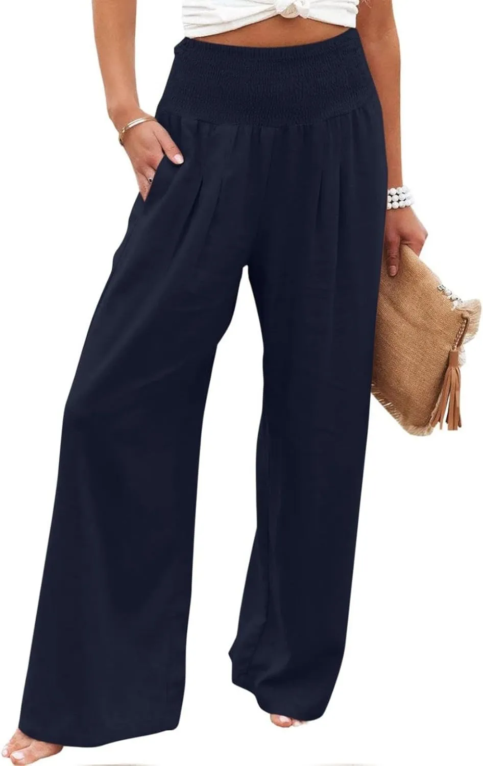 Womens Summer Pants Trendy High Waist Cotton Linen Palazzo Pants Smocked Wide Leg Boho Beach Travel Outfits