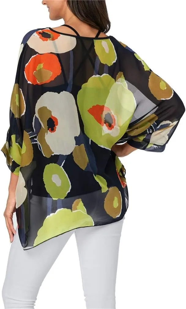 Womens Summer Printed Batwing Sleeve Top Chiffon Poncho Casual Loose Sheer Blouse Shirt