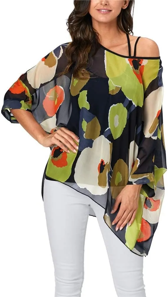 Womens Summer Printed Batwing Sleeve Top Chiffon Poncho Casual Loose Sheer Blouse Shirt