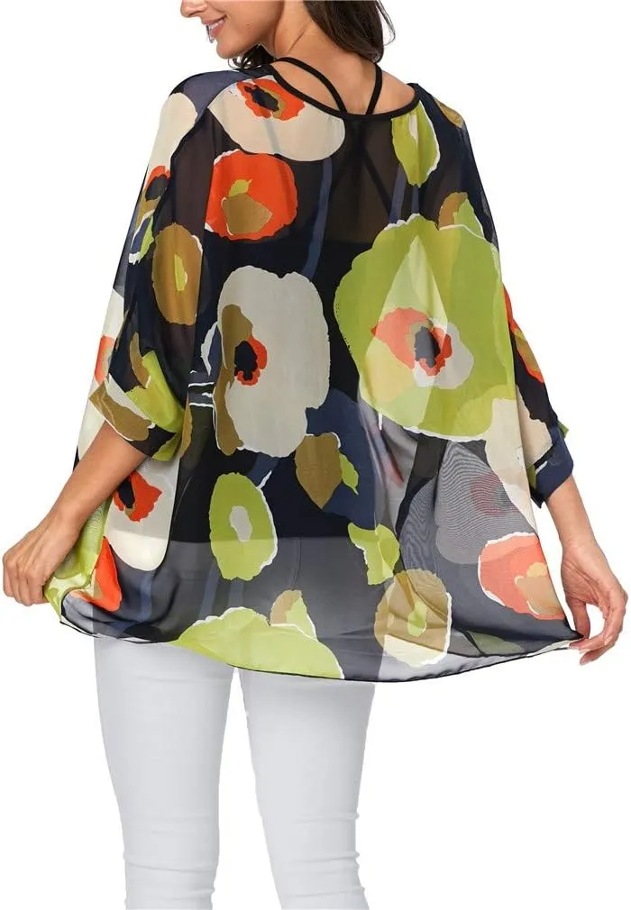 Womens Summer Printed Batwing Sleeve Top Chiffon Poncho Casual Loose Sheer Blouse Shirt
