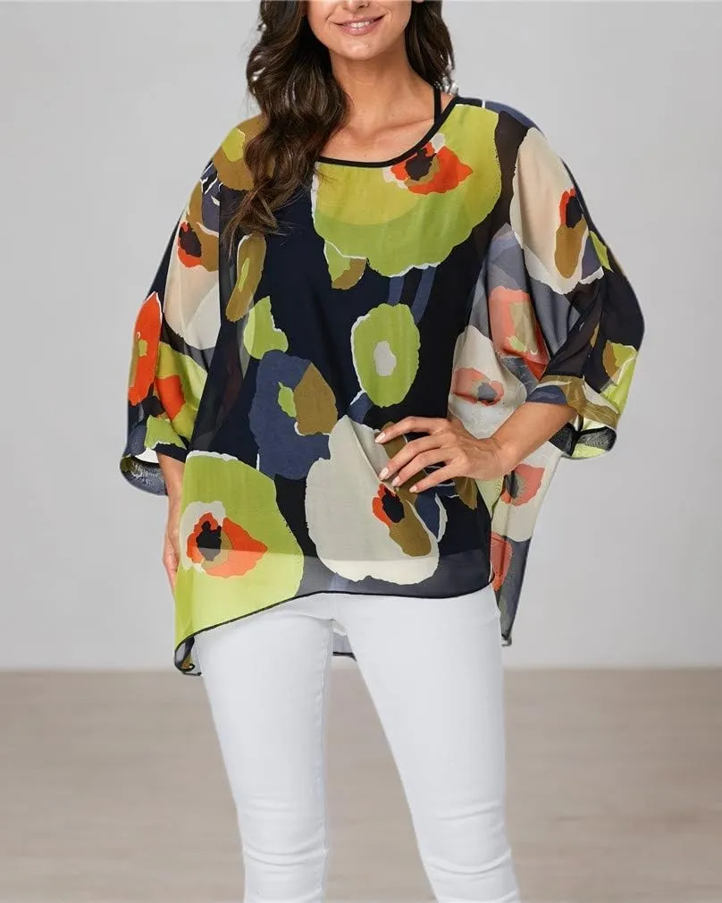 Womens Summer Printed Batwing Sleeve Top Chiffon Poncho Casual Loose Sheer Blouse Shirt