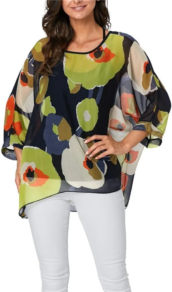 Womens Summer Printed Batwing Sleeve Top Chiffon Poncho Casual Loose Sheer Blouse Shirt