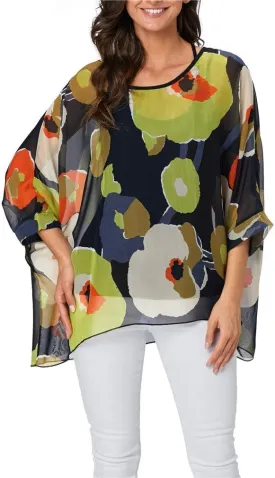 Womens Summer Printed Batwing Sleeve Top Chiffon Poncho Casual Loose Sheer Blouse Shirt
