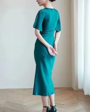 Womens V Neck Silk Slip Dress 100 Percent Mulberry Silk Satin Midi Dress with Flutter Sleeves Elegant Summer Evening Outfit