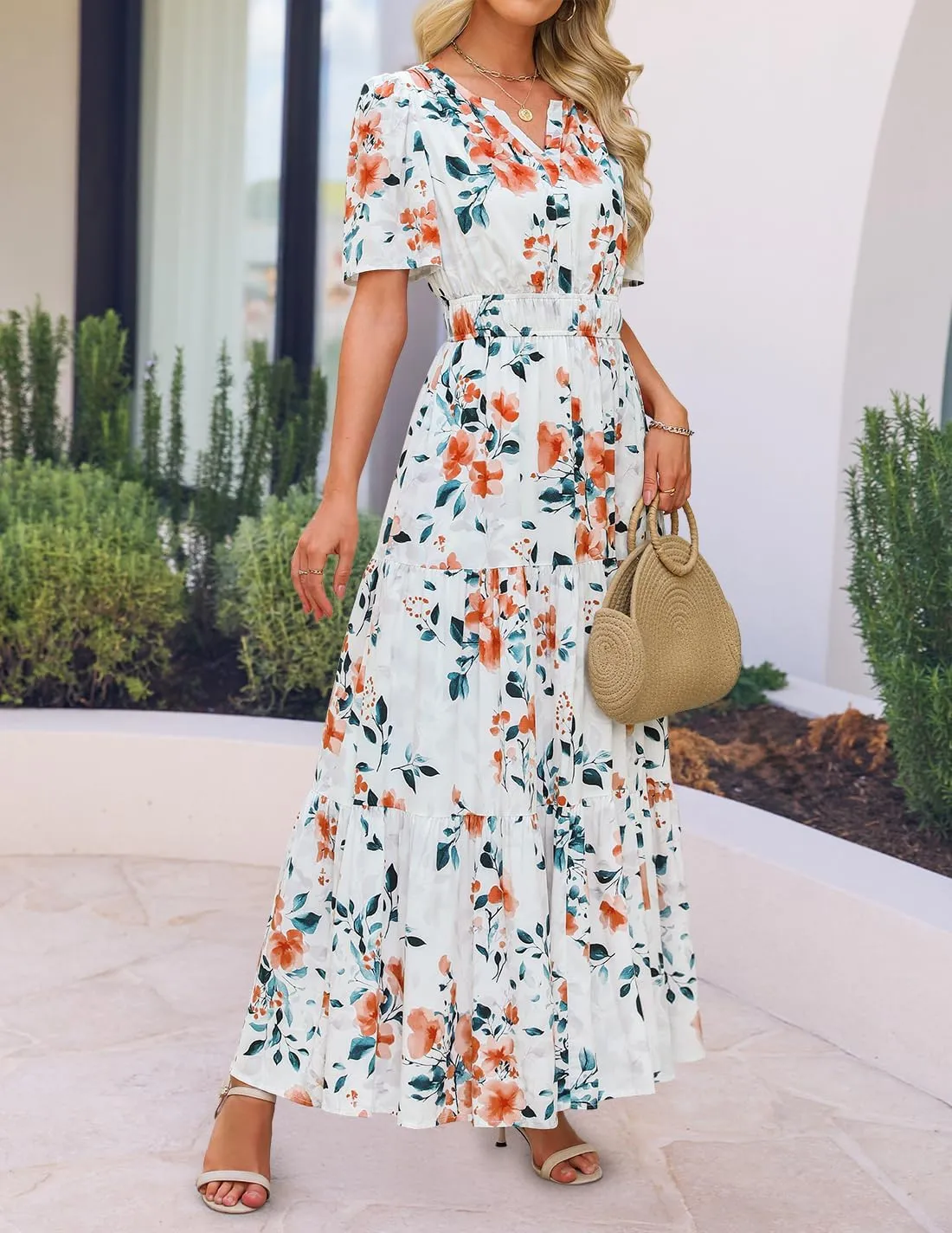ZESICA Women's 2025 Summer Floral V Neck Maxi Dress Short Sleeve High Waist A Line Tiered Flowy Boho Vacation Dresses