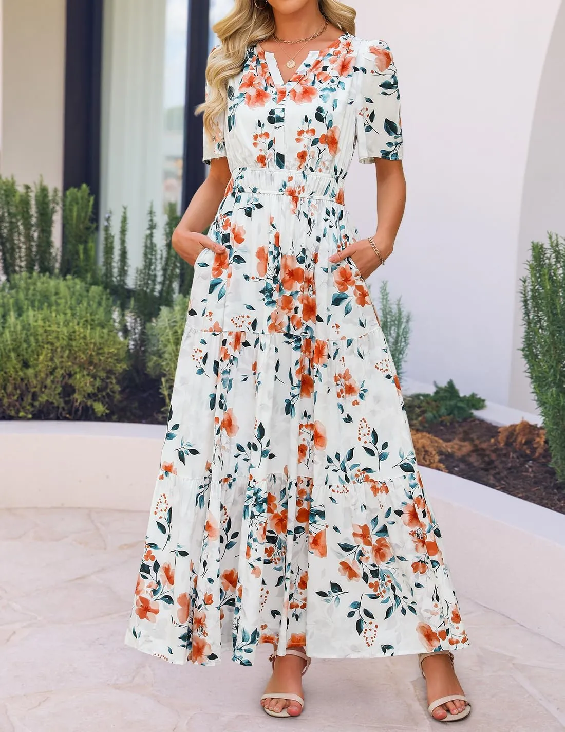 ZESICA Women's 2025 Summer Floral V Neck Maxi Dress Short Sleeve High Waist A Line Tiered Flowy Boho Vacation Dresses