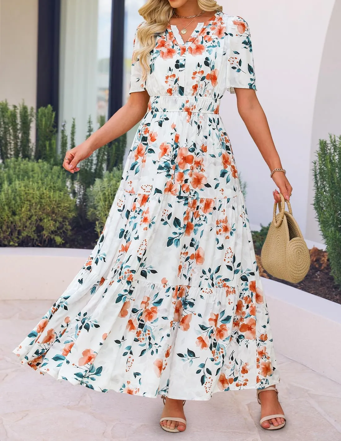 ZESICA Women's 2025 Summer Floral V Neck Maxi Dress Short Sleeve High Waist A Line Tiered Flowy Boho Vacation Dresses