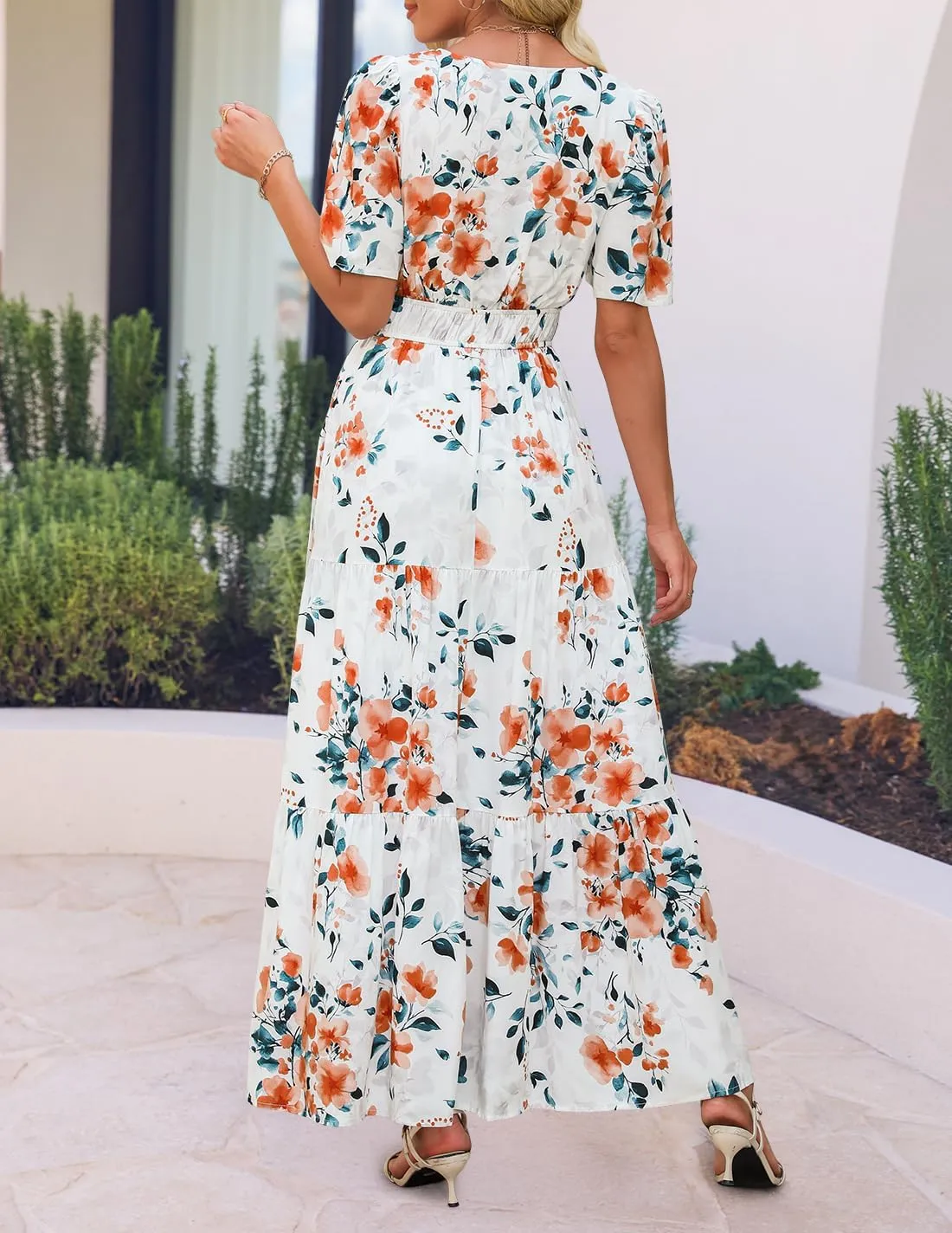 ZESICA Women's 2025 Summer Floral V Neck Maxi Dress Short Sleeve High Waist A Line Tiered Flowy Boho Vacation Dresses