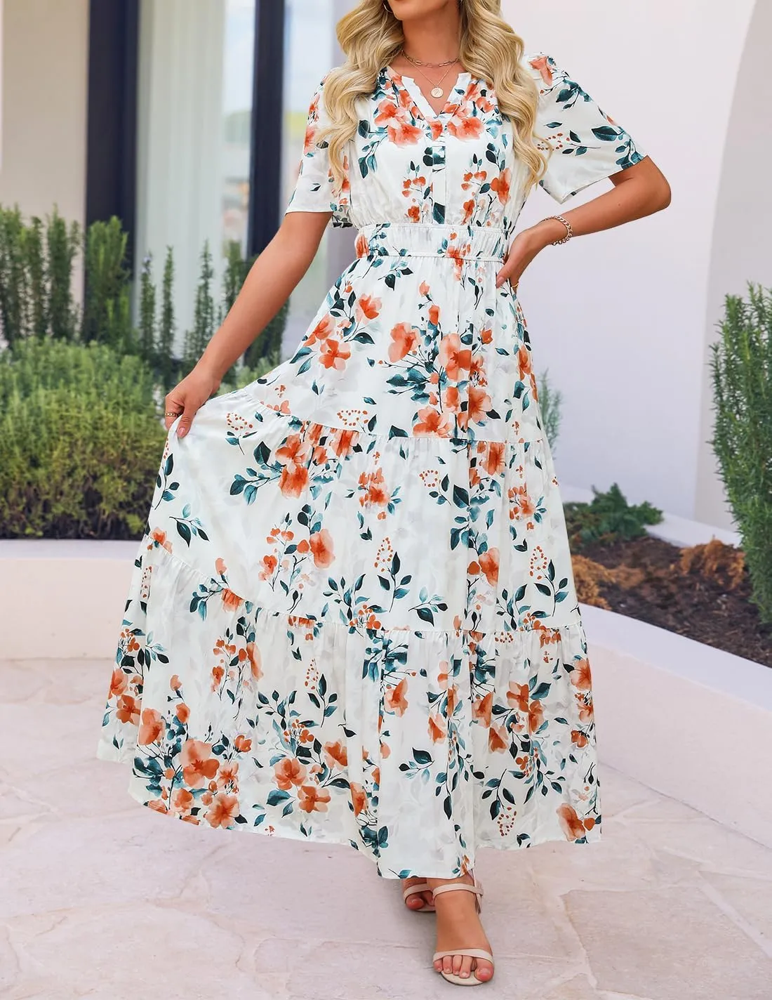 ZESICA Women's 2025 Summer Floral V Neck Maxi Dress Short Sleeve High Waist A Line Tiered Flowy Boho Vacation Dresses