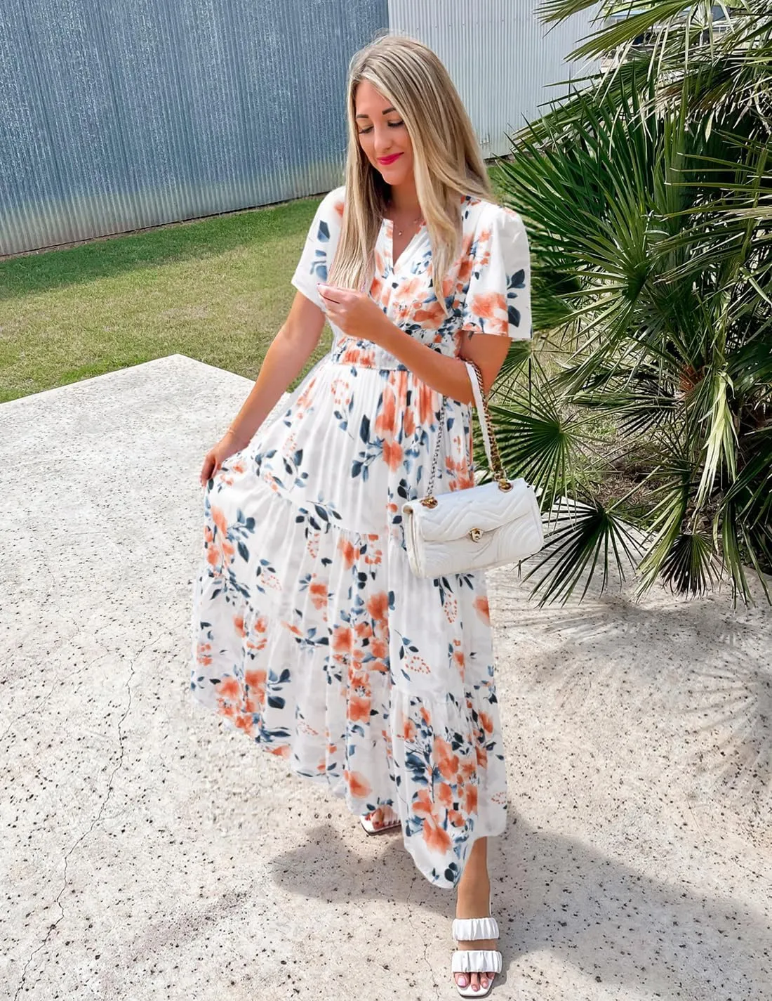 ZESICA Women's 2025 Summer Floral V Neck Maxi Dress Short Sleeve High Waist A Line Tiered Flowy Boho Vacation Dresses
