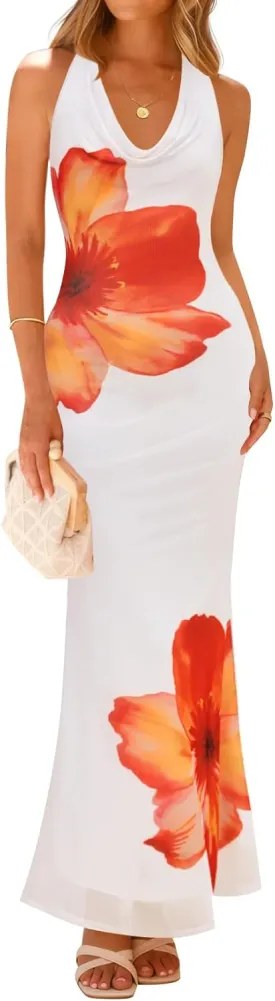 ZESICA Women's 2025 Summer Halter Neck Floral Print Maxi Dress Sleeveless Backless Wedding Guest Party Bodycon Long Dresses