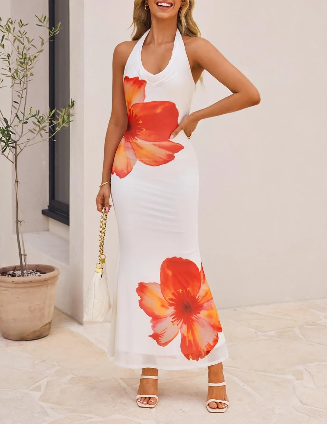 ZESICA Women's 2025 Summer Halter Neck Floral Print Maxi Dress Sleeveless Backless Wedding Guest Party Bodycon Long Dresses