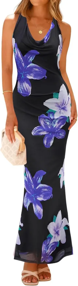 ZESICA Women's 2025 Summer Halter Neck Floral Print Maxi Dress Sleeveless Backless Wedding Guest Party Bodycon Long Dresses