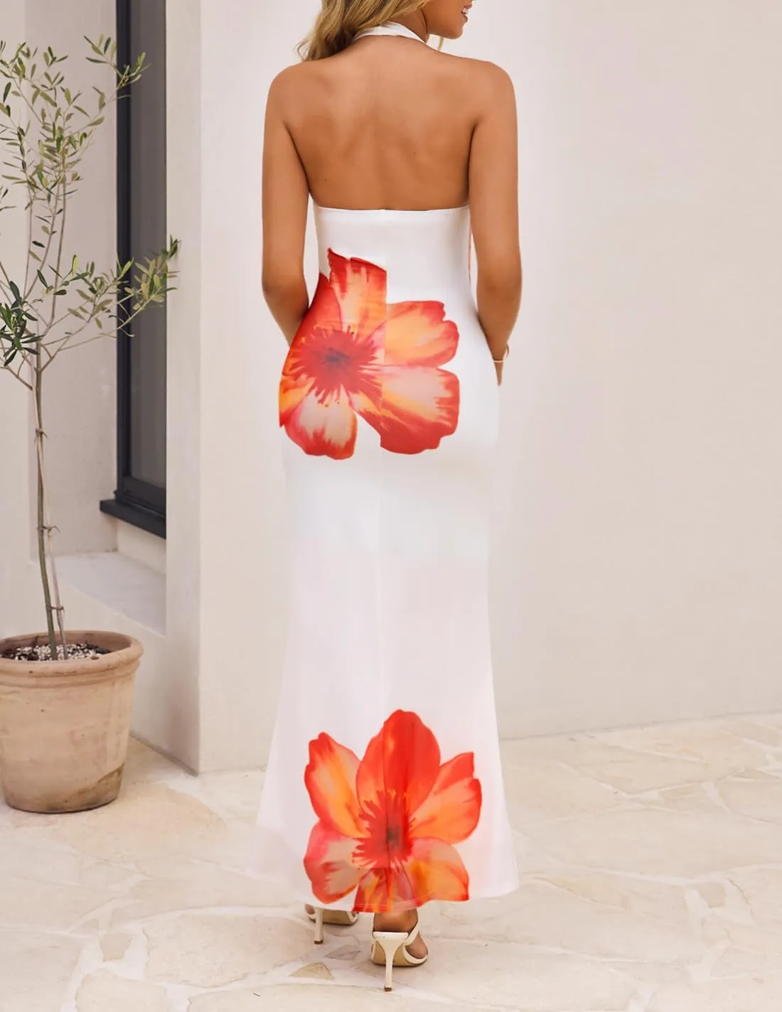 ZESICA Women's 2025 Summer Halter Neck Floral Print Maxi Dress Sleeveless Backless Wedding Guest Party Bodycon Long Dresses