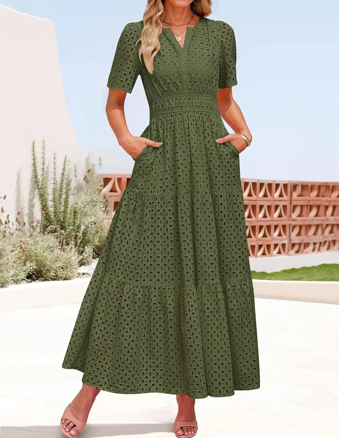 ZESICA Women's 2025 Summer Short Sleeve Maxi Dress Casual V Neck Hollow Out Eyelet Ruffle Swing A Line Long Dresses