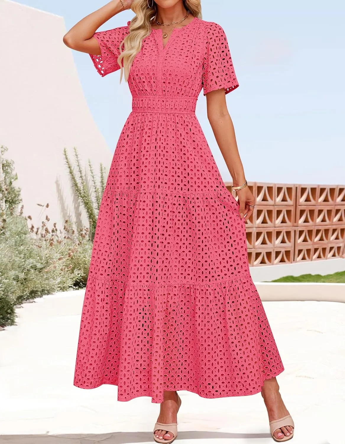 ZESICA Women's 2025 Summer Short Sleeve Maxi Dress Casual V Neck Hollow Out Eyelet Ruffle Swing A Line Long Dresses