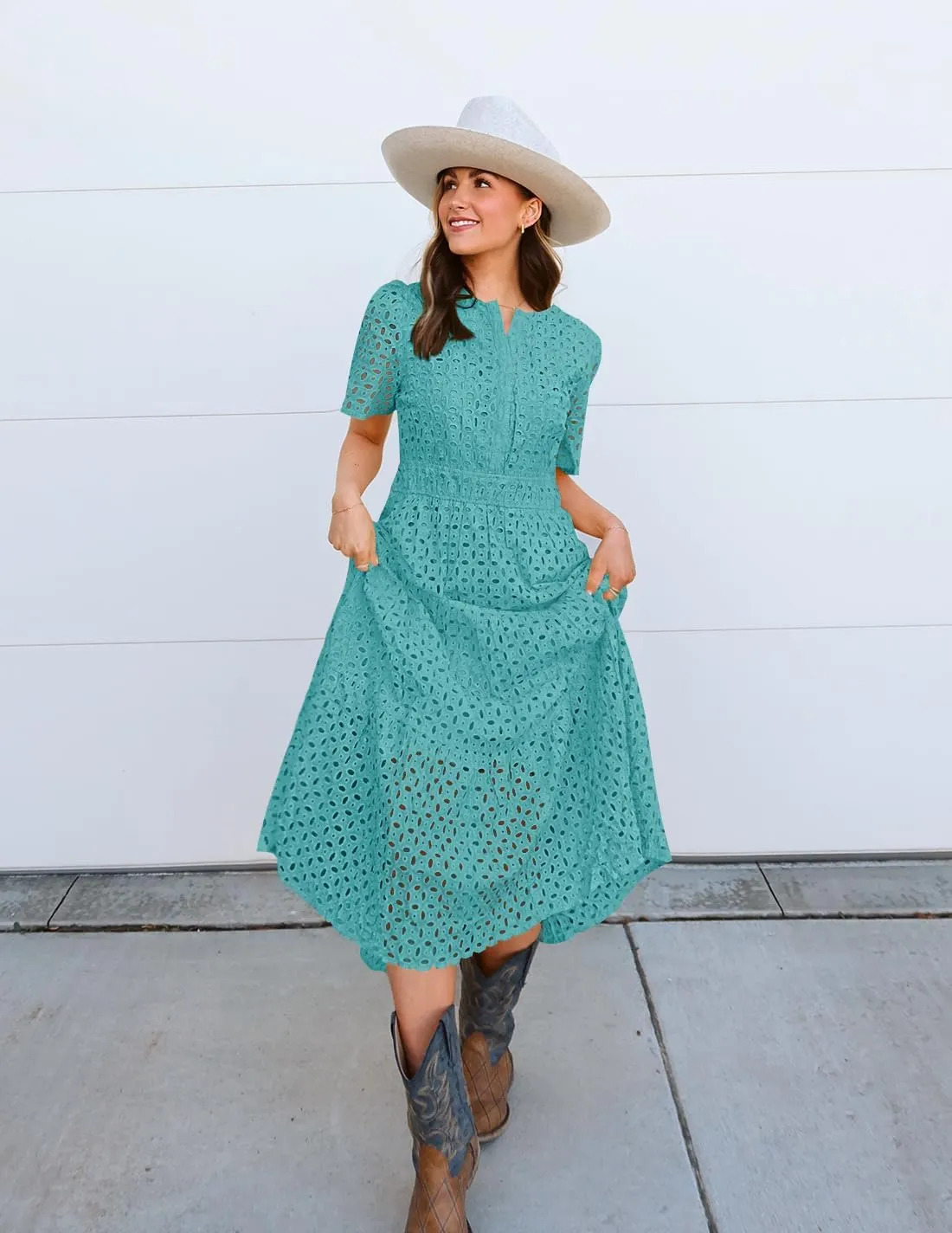 ZESICA Women's 2025 Summer Short Sleeve Maxi Dress Casual V Neck Hollow Out Eyelet Ruffle Swing A Line Long Dresses