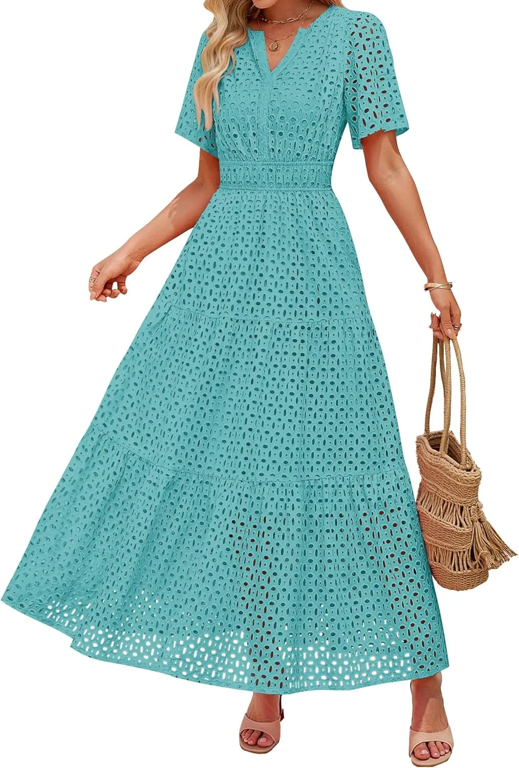 ZESICA Women's 2025 Summer Short Sleeve Maxi Dress Casual V Neck Hollow Out Eyelet Ruffle Swing A Line Long Dresses