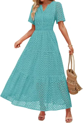 ZESICA Women's 2025 Summer Short Sleeve Maxi Dress Casual V Neck Hollow Out Eyelet Ruffle Swing A Line Long Dresses