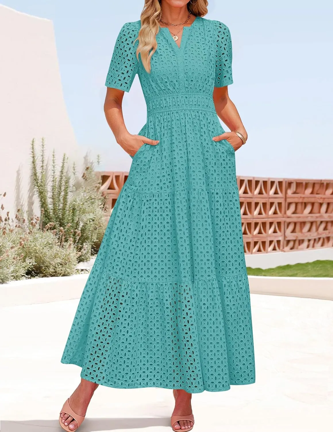 ZESICA Women's 2025 Summer Short Sleeve Maxi Dress Casual V Neck Hollow Out Eyelet Ruffle Swing A Line Long Dresses