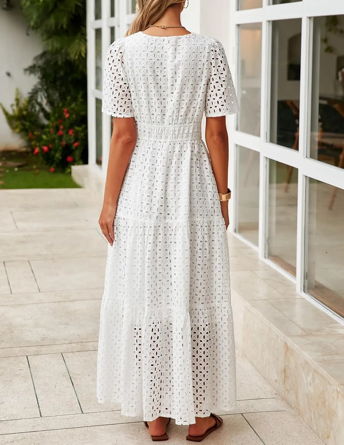 ZESICA Women's 2025 Summer Short Sleeve Maxi Dress Casual V Neck Hollow Out Eyelet Ruffle Swing A Line Long Dresses