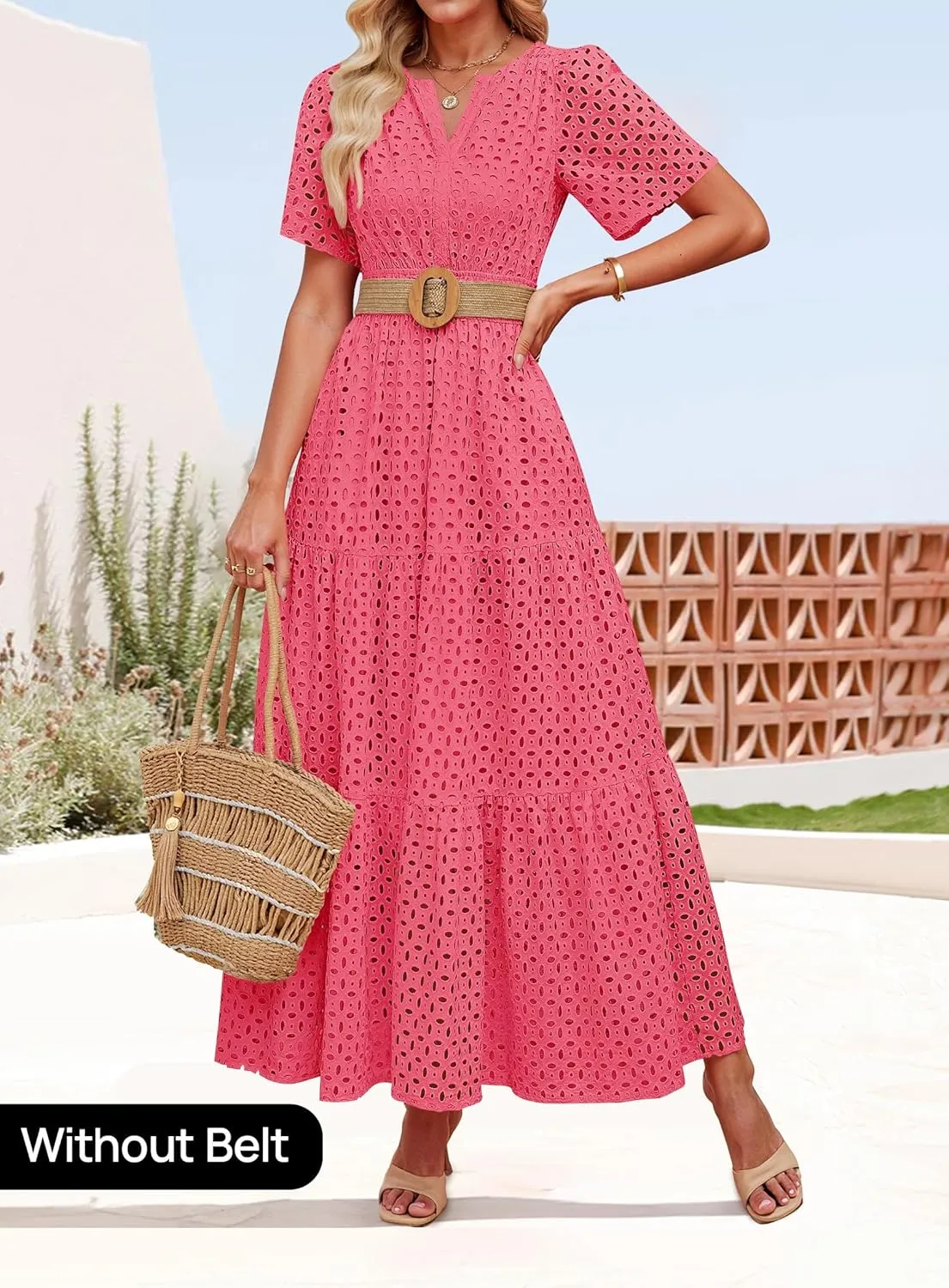 ZESICA Women's 2025 Summer Short Sleeve Maxi Dress Casual V Neck Hollow Out Eyelet Ruffle Swing A Line Long Dresses