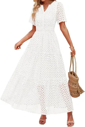ZESICA Women's 2025 Summer Short Sleeve Maxi Dress Casual V Neck Hollow Out Eyelet Ruffle Swing A Line Long Dresses