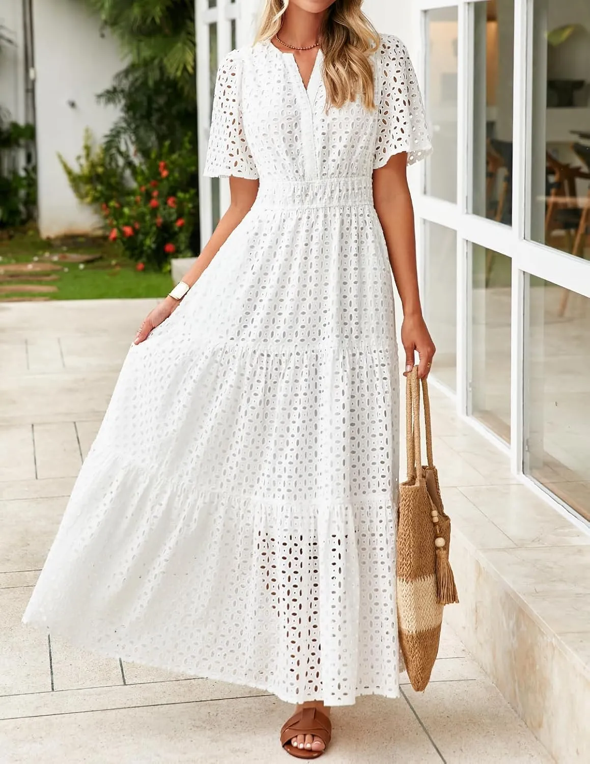 ZESICA Women's 2025 Summer Short Sleeve Maxi Dress Casual V Neck Hollow Out Eyelet Ruffle Swing A Line Long Dresses