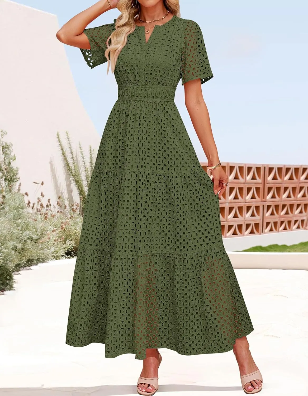 ZESICA Women's 2025 Summer Short Sleeve Maxi Dress Casual V Neck Hollow Out Eyelet Ruffle Swing A Line Long Dresses